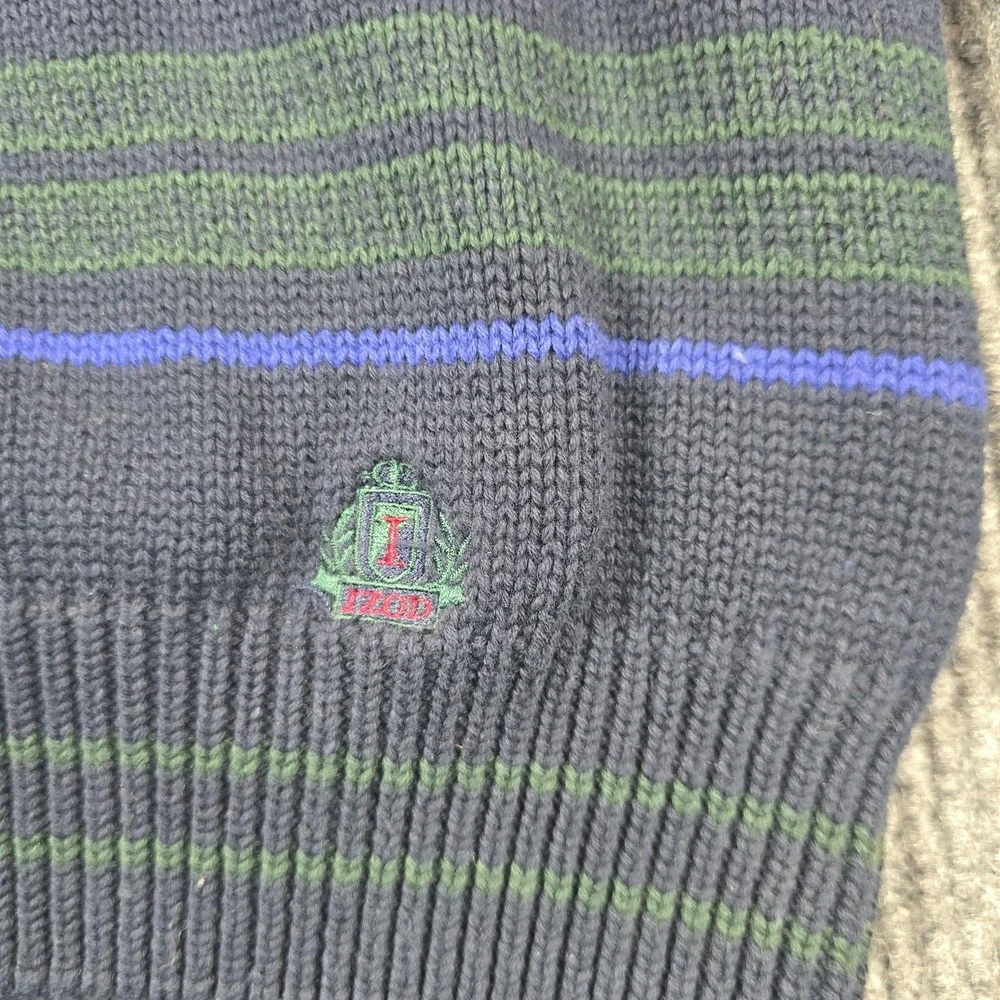 IZOD Sweater Mens Large Blue Multi Stripe Knit Polo Rugby Collar‎ Cotton Preppy